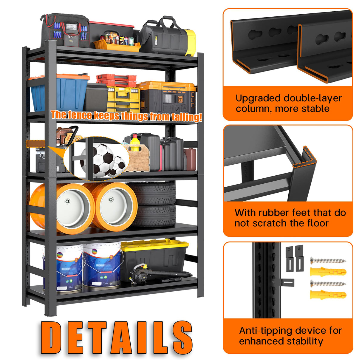 72"H Garage Shelving Heavy Duty Rack, 3500 LBS Large Capacity 5 Tier Adjustable Storage Shelves, Metal Industrial Shelf Units for Garage, Basement and Warehouse, 72"H×35.4"W×15.75"D, Black ErgoNova
