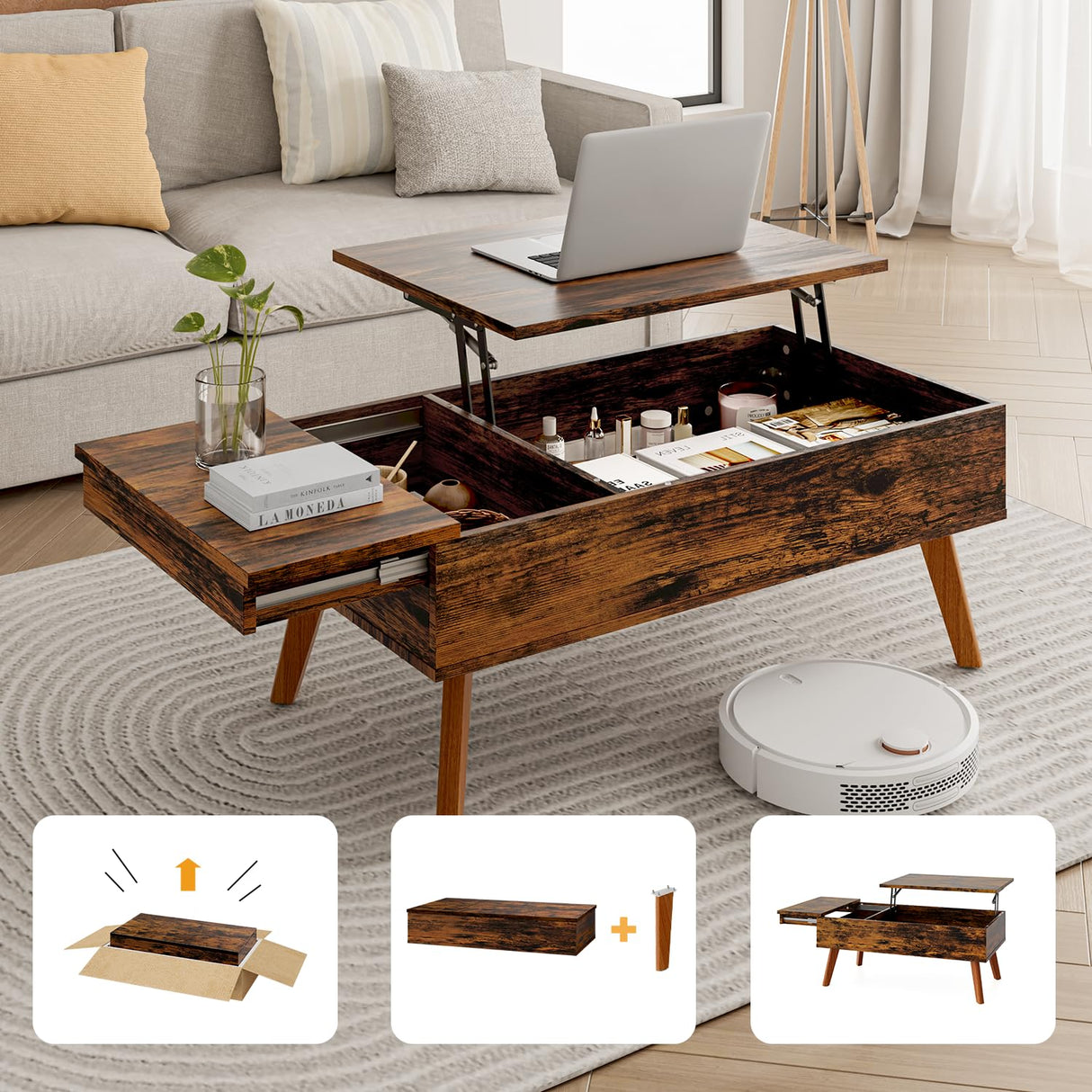 Bidiso Lift Top Coffee Table, Ten Minute Install Coffee Table Center Table with Hidden Storage Compartments, Rising Tabletop Dining Table Coffee Table for Living Room,Rustic Brown Bidiso