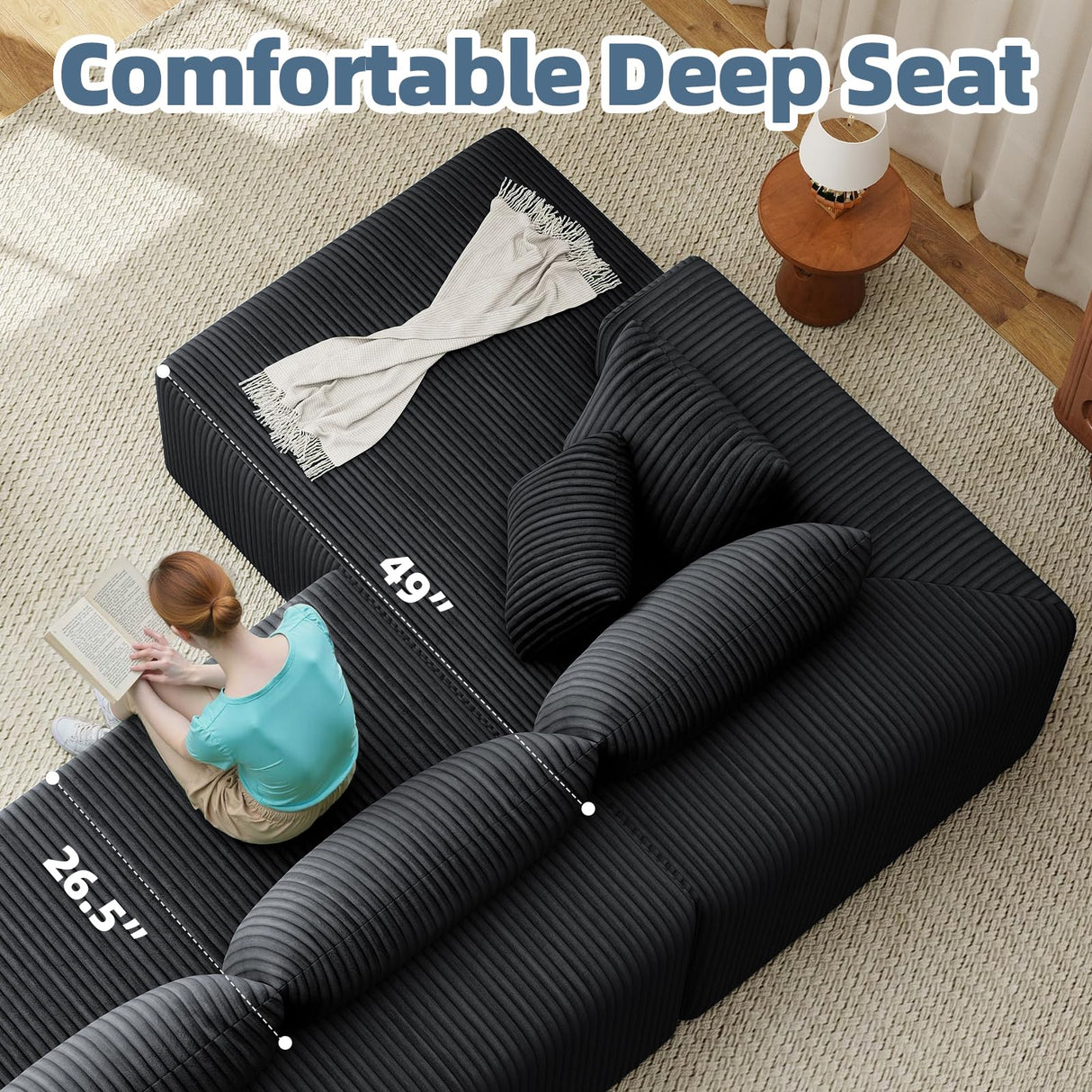 Mvpipi Cloud Couch U-Shaped Sectional Sofa, 134'' Modular Boneless Couches for Living Room, Corduroy Deep Seat Sofa with 2 Chaise Lounges and 1 Loveseat, 30D High-Resilience Foam, No Assembly, Black Mvpipi