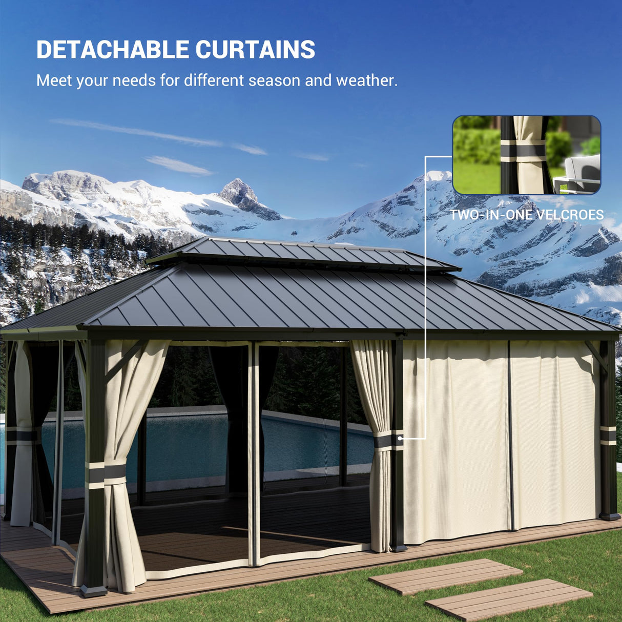 Amopatio 12' X 20' Hardtop Gazebo, Aluminum Metal Gazebo with Galvanized Steel Double Roof, Heavy Duty Permanent Outdoor Large Gazebos with Curtain and Netting for Patio Deck Backyard, Khaki Amopatio
