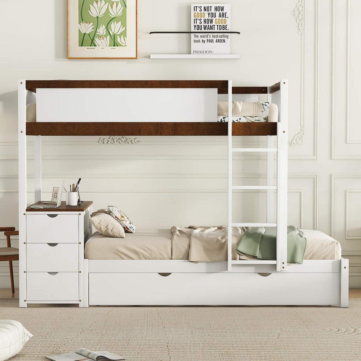 Linique Twin-Over-Twin Bunk Bed with Twin Size Trundle, Ladder & Full-Length Gurardrails, Writing Desk with USB Ports, 3-Hole Socket & 3 Drawers, White+Walnut Linique