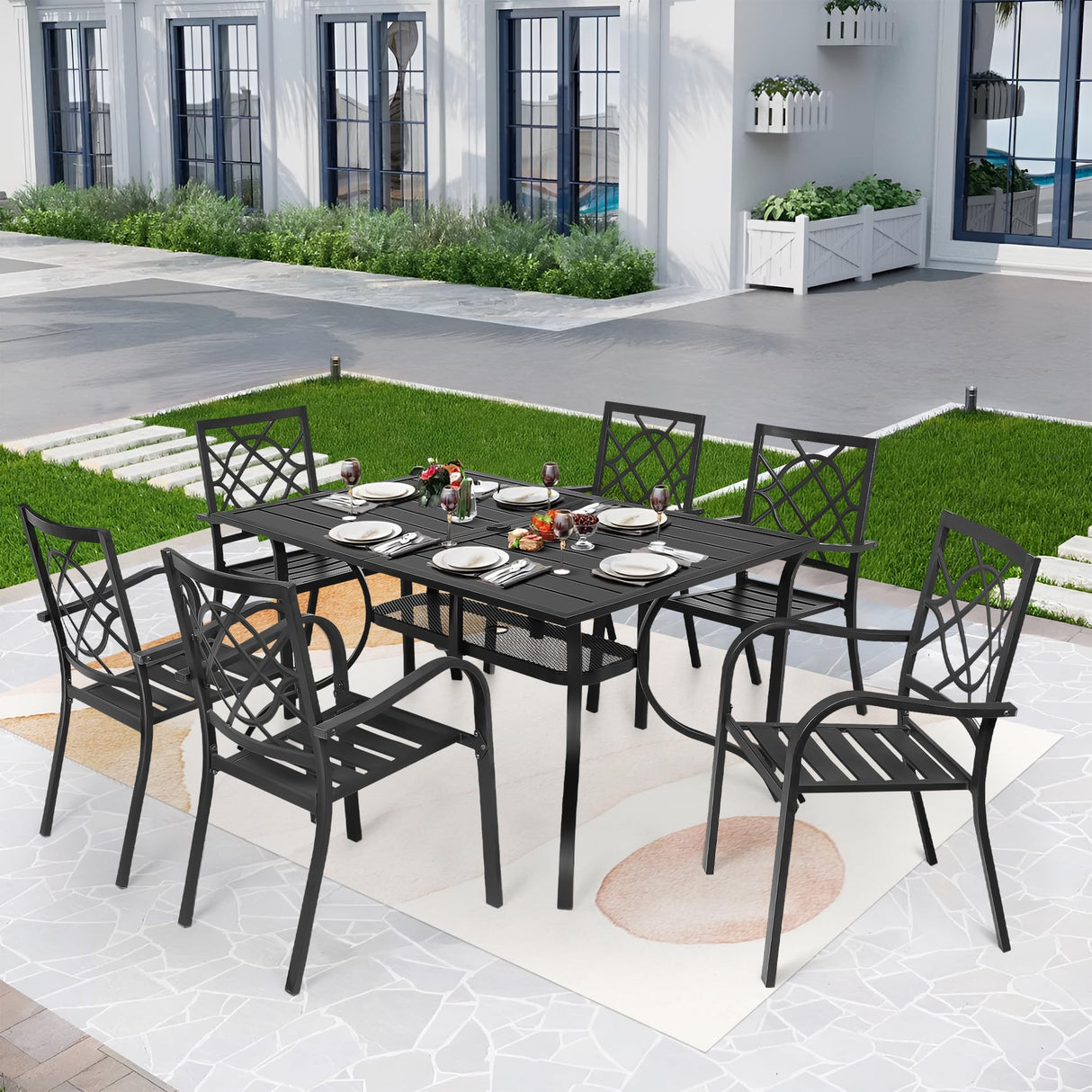 SUNCROWN 7-Piece Outdoor Wrought Iron Chairs and Table Patio Dining Furniture Set - 6 Stackable Metal Chairs, 1 Steel Slat Bistro Table and 1 Brown 9Ft Patio Umbrella for Garden Backyard Deck SUNCROWN