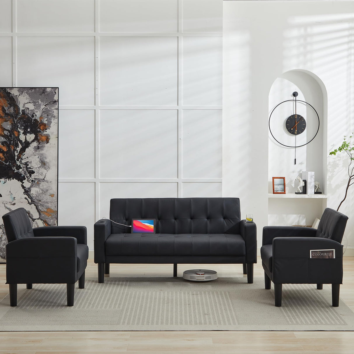 TYBOATLE Sofa Couch 62" W Loveseat w/ 2 USB Charger Ports & 2 Cupholders, Mid-Century Modern Tufted Small Love Seat Couches for Office, Living Room,Bedroom,Apartment,Dorm (3, Black) TYBOATLE