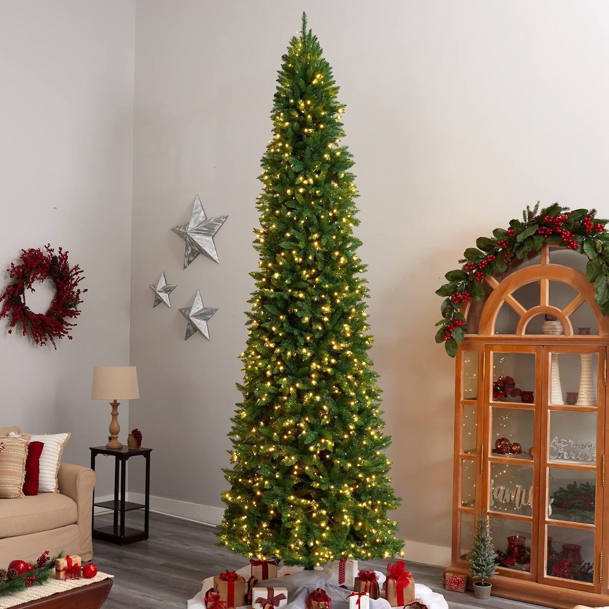 Nearly Natural 12ft. Slim Green Mountain Pine Artificial Christmas Tree with 1100 Clear LED Lights and 3235 Tips Nearly Natural