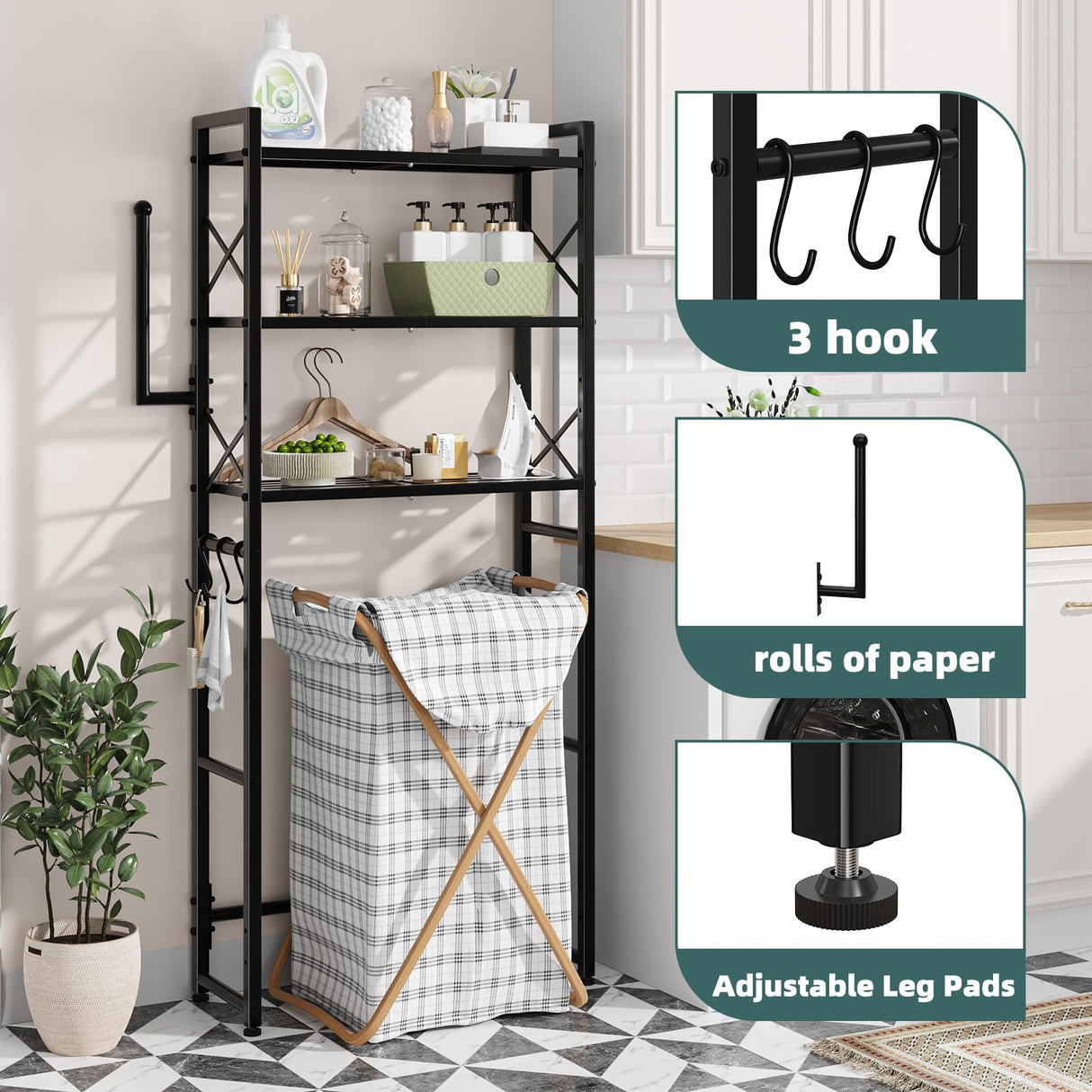 Simple Trending Over The Toilet Storage Rack with Toilet Paper Holder, Heavy Duty Metal 3 Tier Bathroom Organizer Shelf with 3 Hooks,Black Simple Trending
