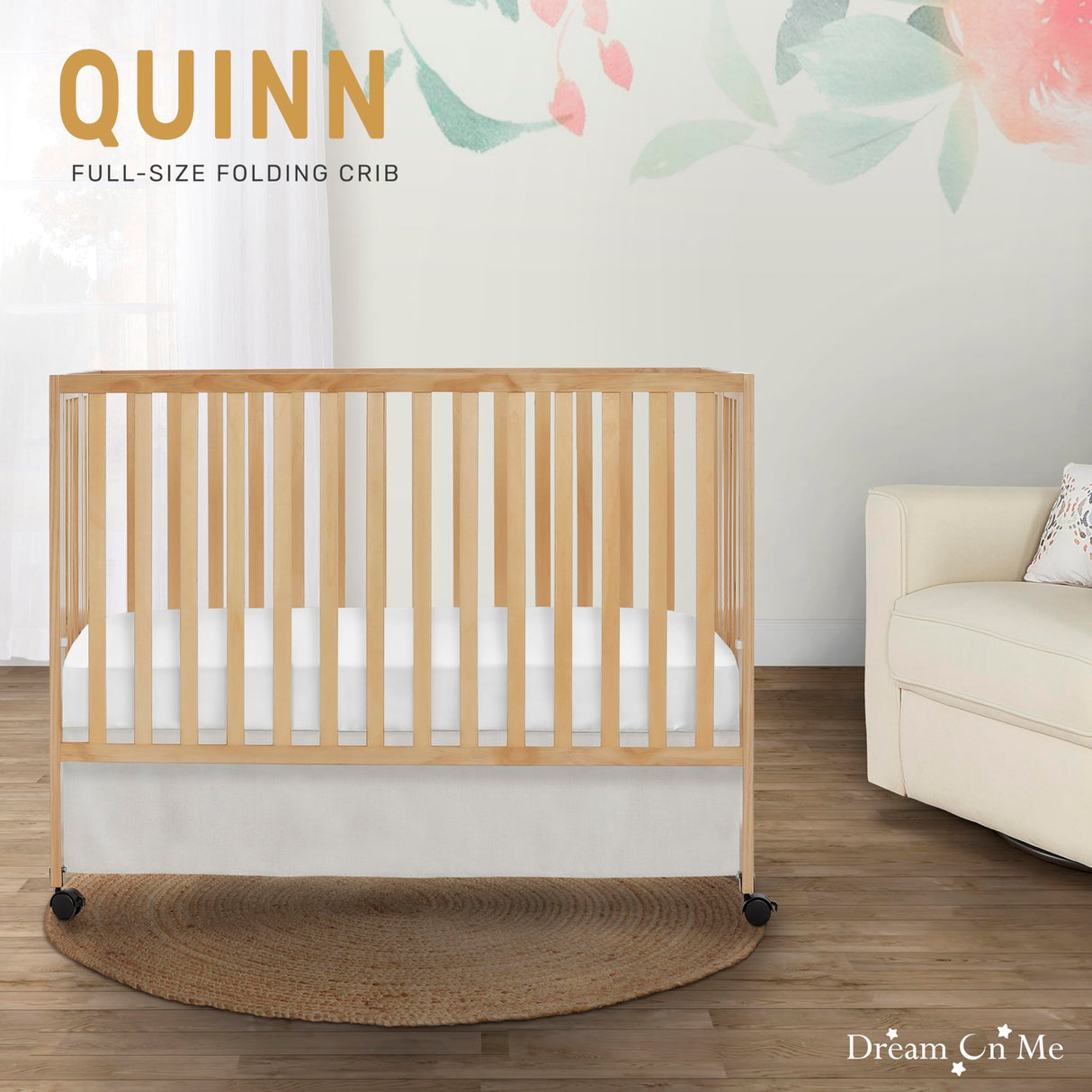 Dream On Me Quinn Full-Size Folding Crib in Natural, Removeable Wheels, Modern Nursey, Adjustable Mattress Support, Portable Crib, Patented Folding System Dream On Me