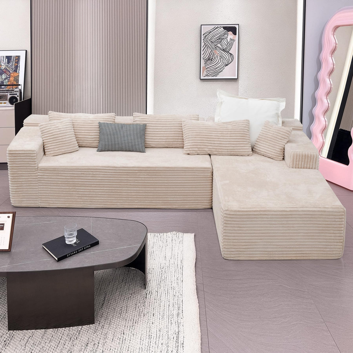 Boneless Modular Sectional Sofa, Cloud Couch with Right Facing Chaise, Oversized Deep Seat, L-Shaped, Soft Corduroy Fabric, Sectional Couch for Living Room -Beigey NMXUXMN