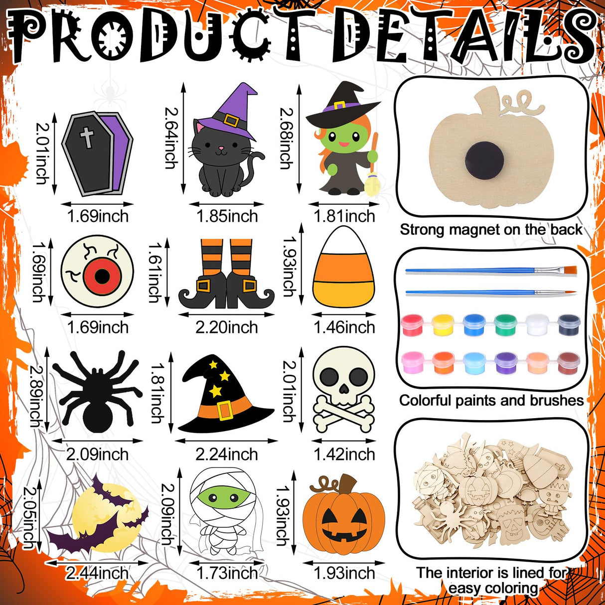 Mootycapa 24 Pcs Halloween DIY Wooden Magnets to Paint, Cute Glow in The Dark Wood Painting Crafts, Fridge Magnets Craft Kits for Boys Girls Gifts School Home Party(Pumpkin Skull) Mootycapa