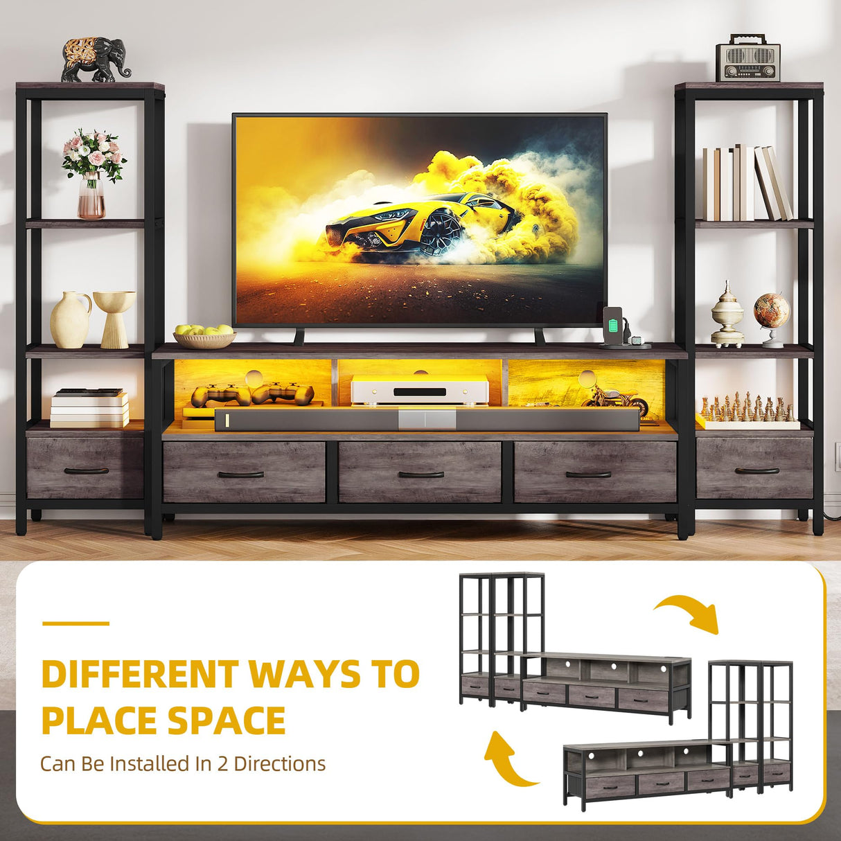 DWVO Entertainment Center with Bookshelves, LED TV Stand for 65/60 inch TV, Farmhouse TV Stand for Living Room with 2 Industrial 4-Tier Bookshelves & Power Outlets, Grey DWVO