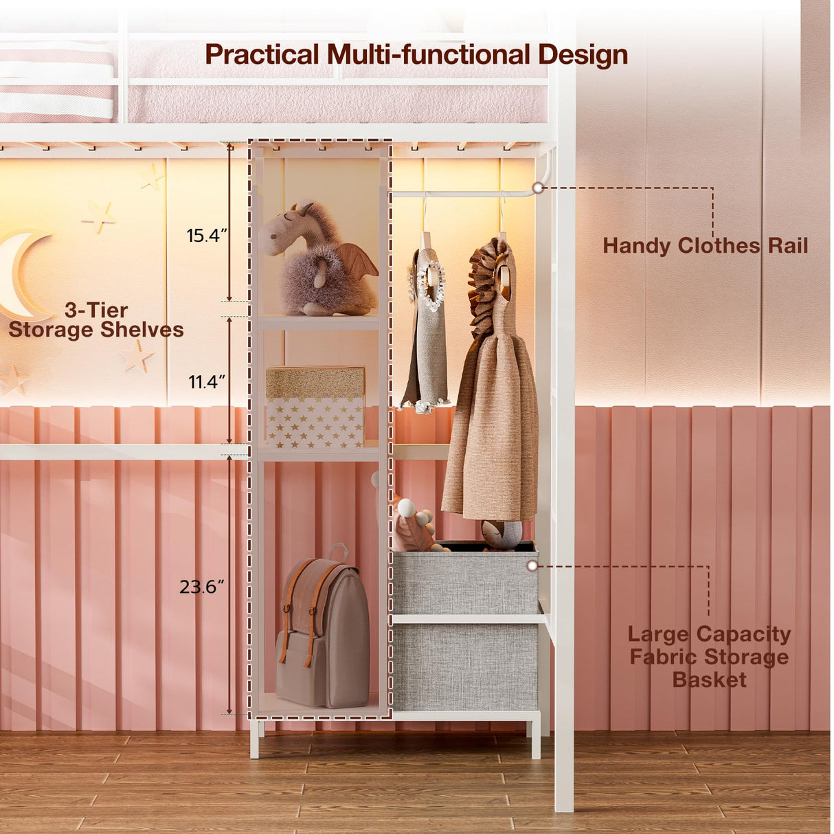 IKIFLY Metal Twin Loft Bed with Desk and Storage Shelves, LED Lights & Charging Station, Loft Bed Frame with 13.4” Guardrail and Ladder, Large Fabric Basket, Clothes Rail, No Box Spring Needed, White IKIFLY