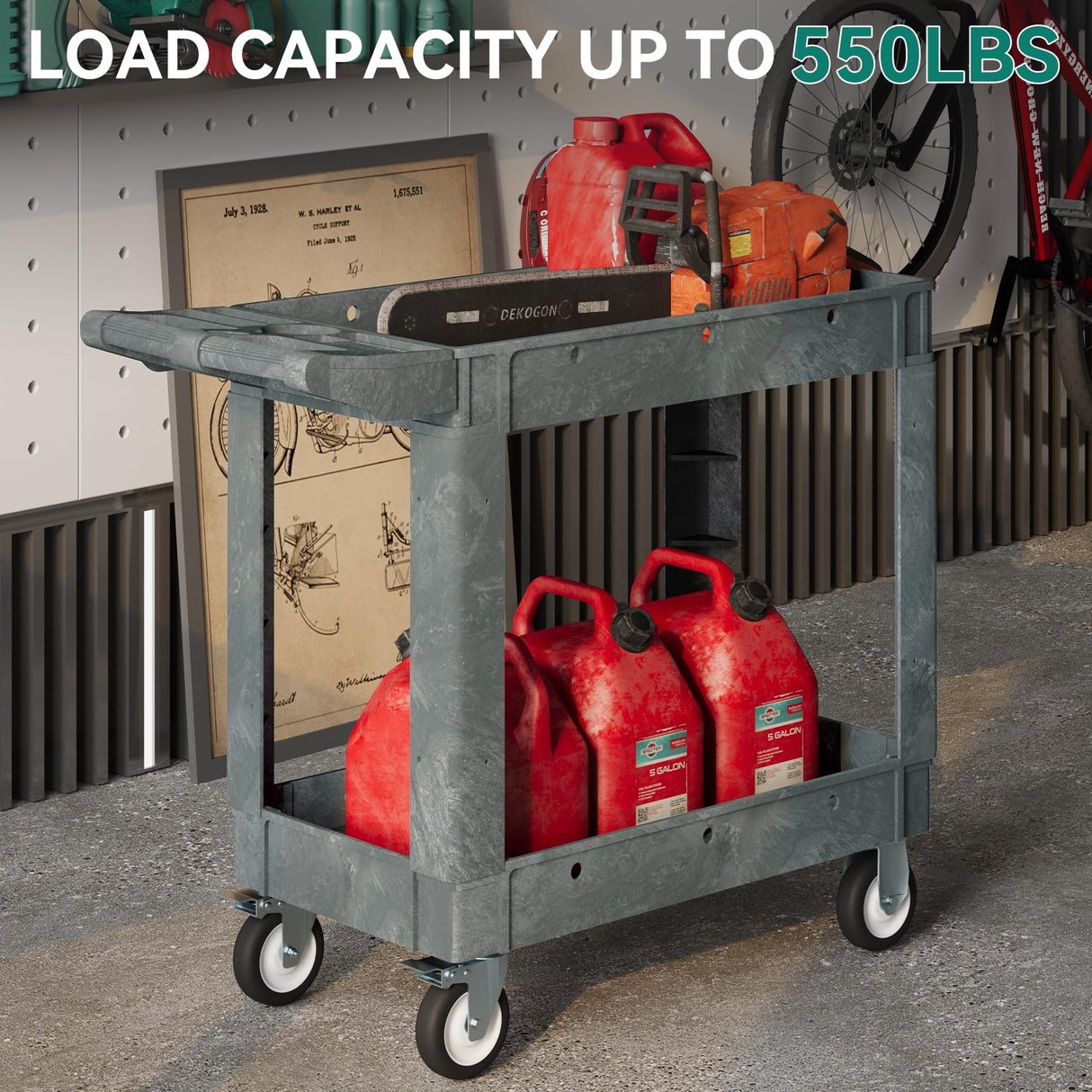 YITAHOME Utility Cart on Wheels, 550 lbs Capacity Service Cart, 40 x 17 Inch Rolling Work Carts, 2 Shelf Heavy Duty Plastic Cart Suitable for Warehouse, Garage, School & Office, Cleaning, Gray YITAHOME