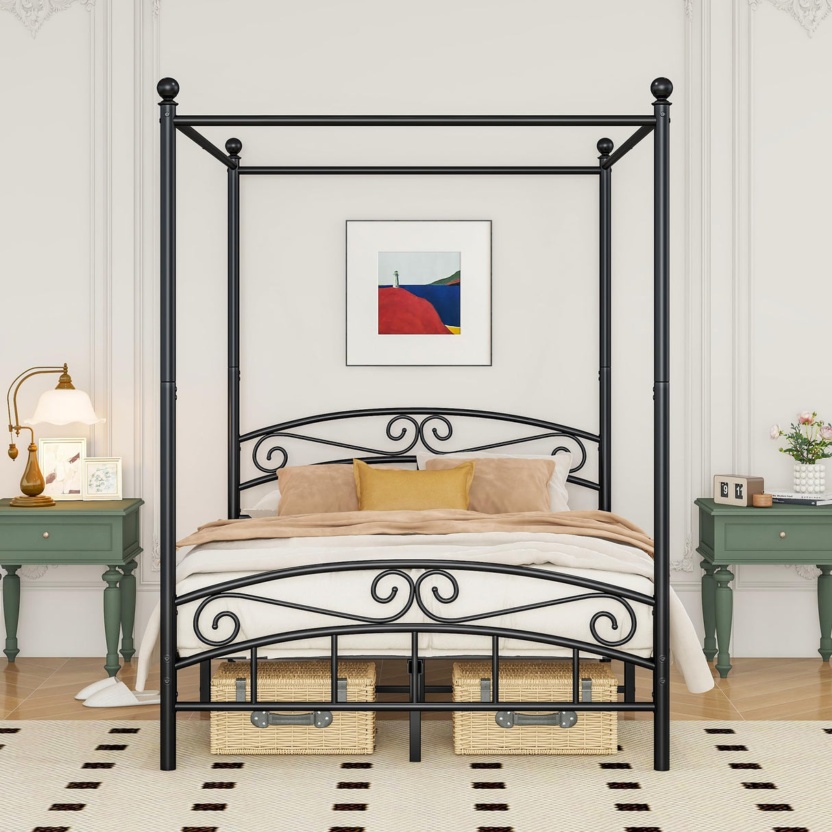 ARFARLY Full Size Bed Frame Four-Poster Metal Canopy Bed Frame Full with Headboard and Footboard Sturdy Slatted Structure No Box Spring Needed Black ARFARLY
