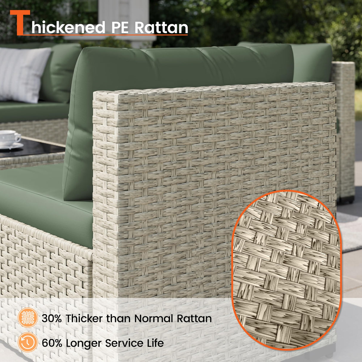 VONZOY Patio Furniture Set, 7-Piece Outdoor Sectional All-Weather Wicker Patio Conversation Set for Backyard (Green Cushions with Grey Rattan) VONZOY