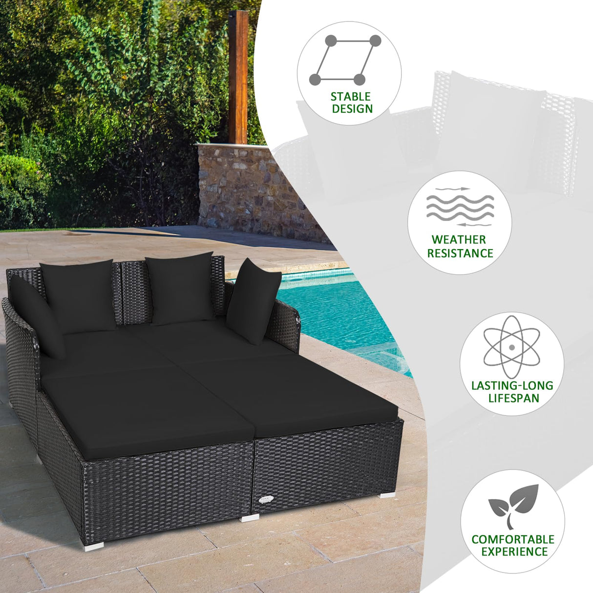 Tangkula Outdoor Rattan Daybed, Wicker Furniture with Spacious Seat, Upholstered Cushion & High-Resilience Sponge, Patio Sofa Set with 4 Pillows, 2-Person Sunbed for Poolside Backyard Garden & Balcony Tangkula