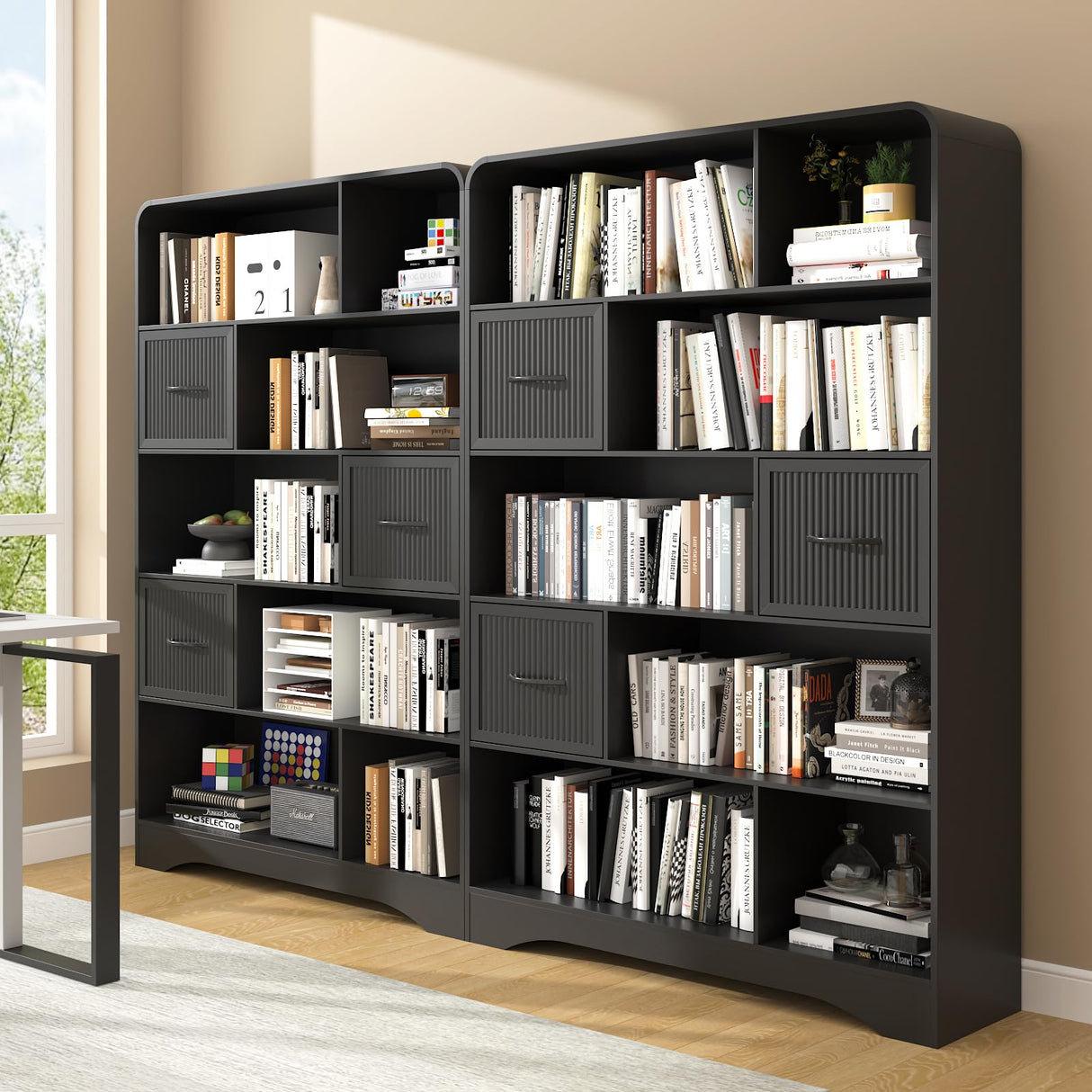 70" Tall Book Shelf and Bookcase, Tall Bookshelf with Storage, 48" Wide Modern Bookcase with Adjustable 3 Bins Storage, Large Bookshelf Wood 13" Deep Display Shelves for Living Room, Home Office,Black SOLACE FURNITURE