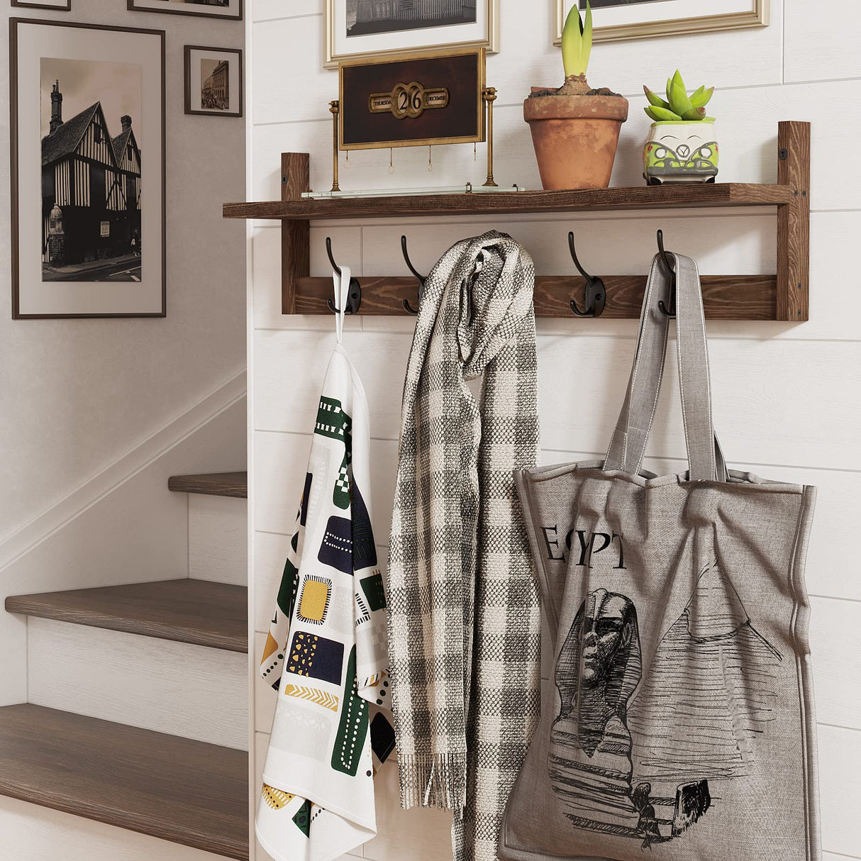 BAMEOS Wall Mounted Coat Rack with Adjustable Easy Install, Rust Proof, Brown Wooden Material, 28.9 Inch Length BAMEOS