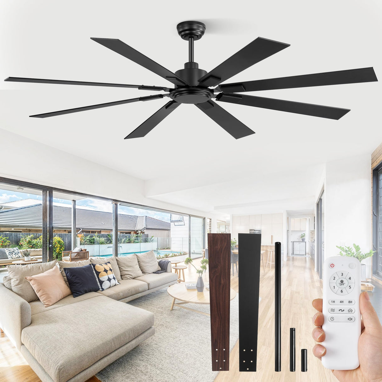 ZMISHIBO 72 Inch Ceiling Fan No Light with Remote Control, 8 Blades Quiet DC Reversible Motor, 6-Speed, Timer, Black Finish, Indoor Outdoor Ceiling Fans for Patios, Living Room, Garage ZMISHIBO