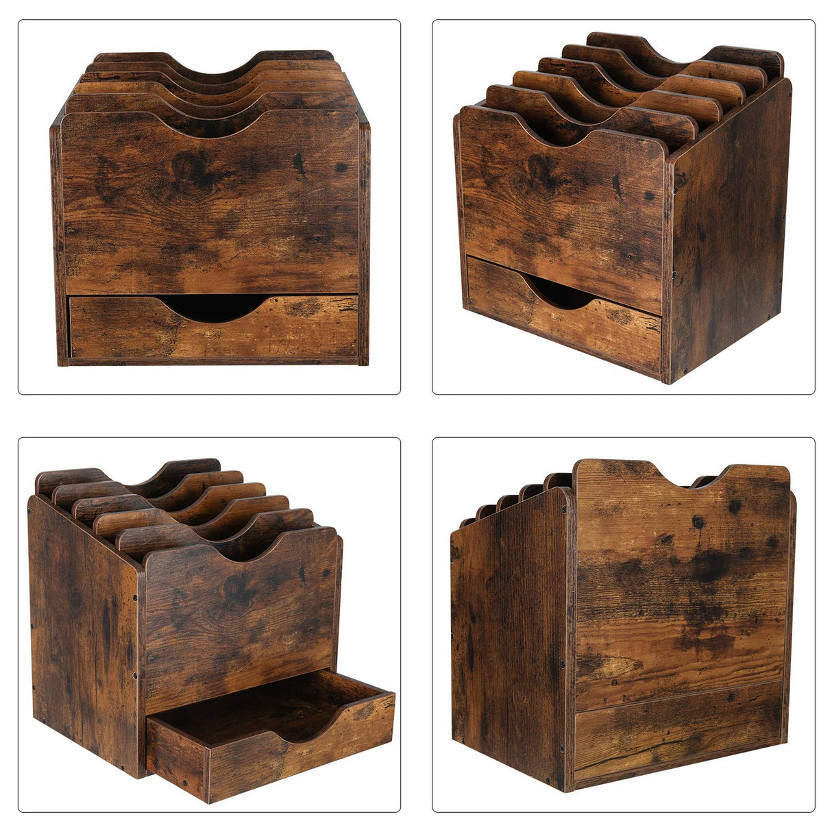PAG Wood Desktop File Holder Organizer Mail Sorter with Drawer, for File Folders, Mails, Envelopes, Mailing Supplies or Magazines, 6 Compartments, Antique Brown PAG