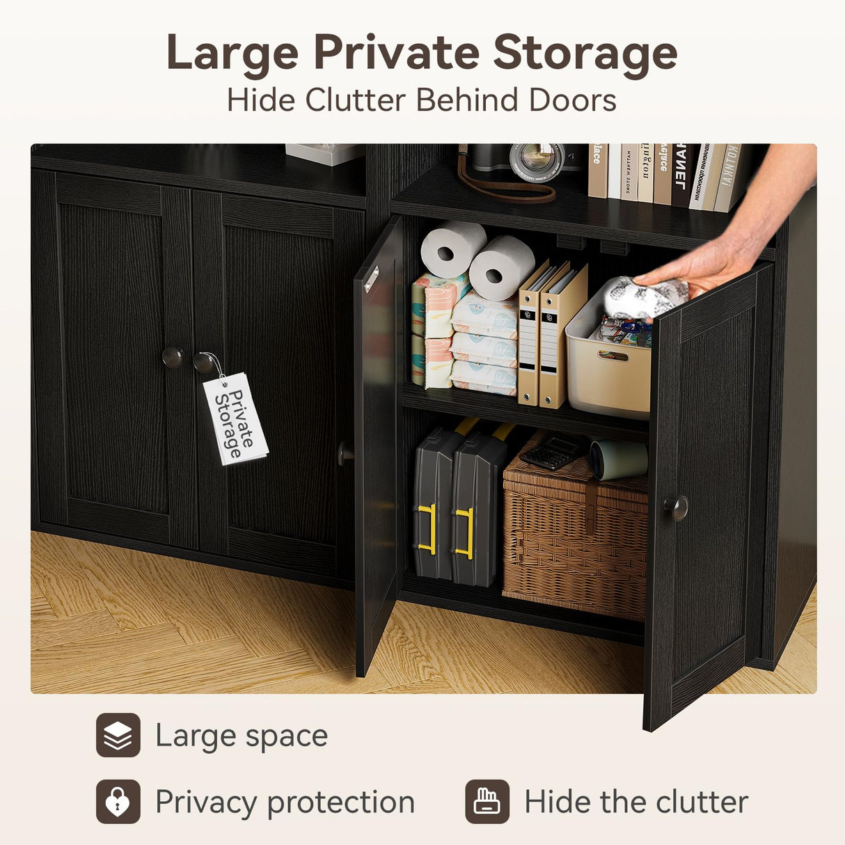 Casaottima Bookshelf and Bookcase with Doors, Floor Standing 6-Tier Shelf Display Storage Shelves, Tall Bookcases for Home Office, Living Room, Black Casaottima