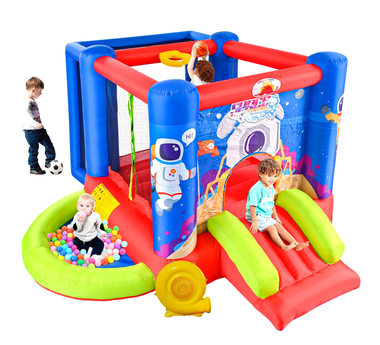 WELLFUNTIME Inflatable Bounce House with Slide, Jumping Castle with Blower for Kids Play House with Wave Pool WELLFUNTIME