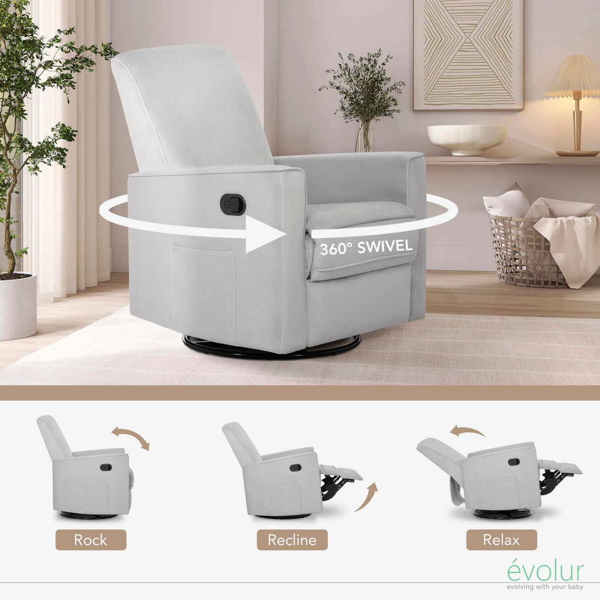 Evolur Raleigh Glider in Grey, Upholstered Plush Seating 360° Swivel Glider Rocking Chair, FSC Certified, Greenguard Gold & JPMA Certified Nursery Glider Recliner Evolur