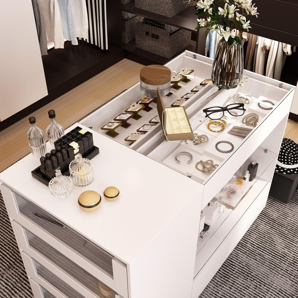 MOUMON Makeup Vanity Storage Island with Drawers and Shelves, Wardrobe Closet Island with Glass Tabletop, for Dressing Room Cloakroom White (47.2”W x 23.6”D x 31.5”H) MOUMON