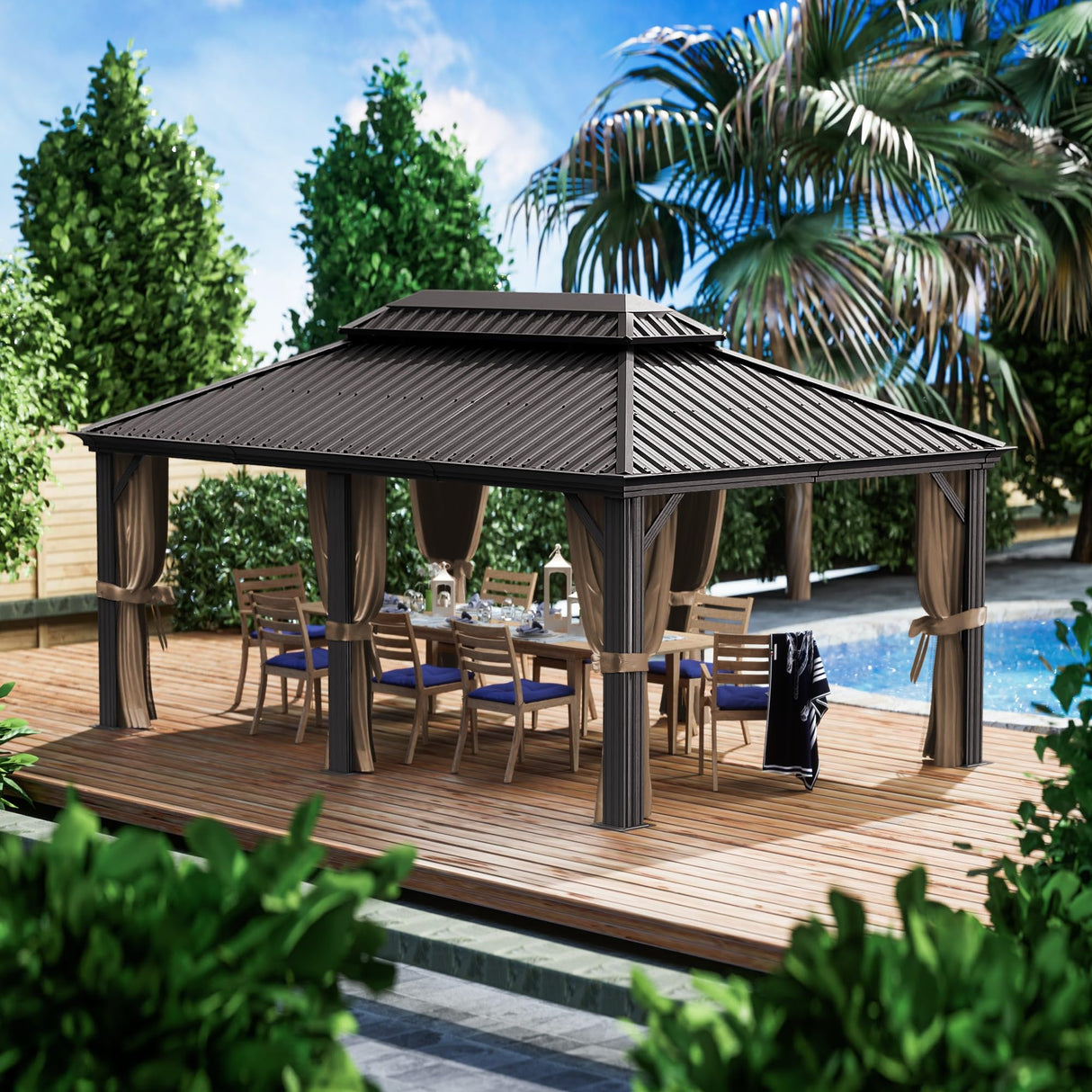 Kozyard Alexander 12' X 18' Hardtop Gazebo, Aluminum Metal Gazebo with Galvanized Steel Double Roof Canopy, Curtain and Netting, Permanent Gazebo Pavilion for Patio, Backyard, Deck, Lawn (Brown) Kozyard