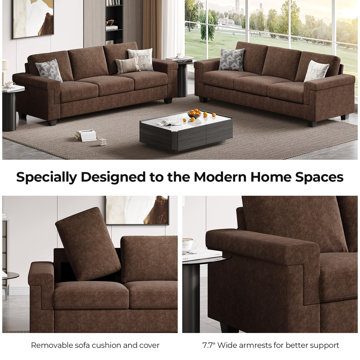 COPIAE 3 Seater Sofa Couch with Deep Seat, 90" Modern Upholstered Sofa with Armrests, Easy Installation, Comfy Couches for Living Room, Apartment,Dark Brown COPIAE