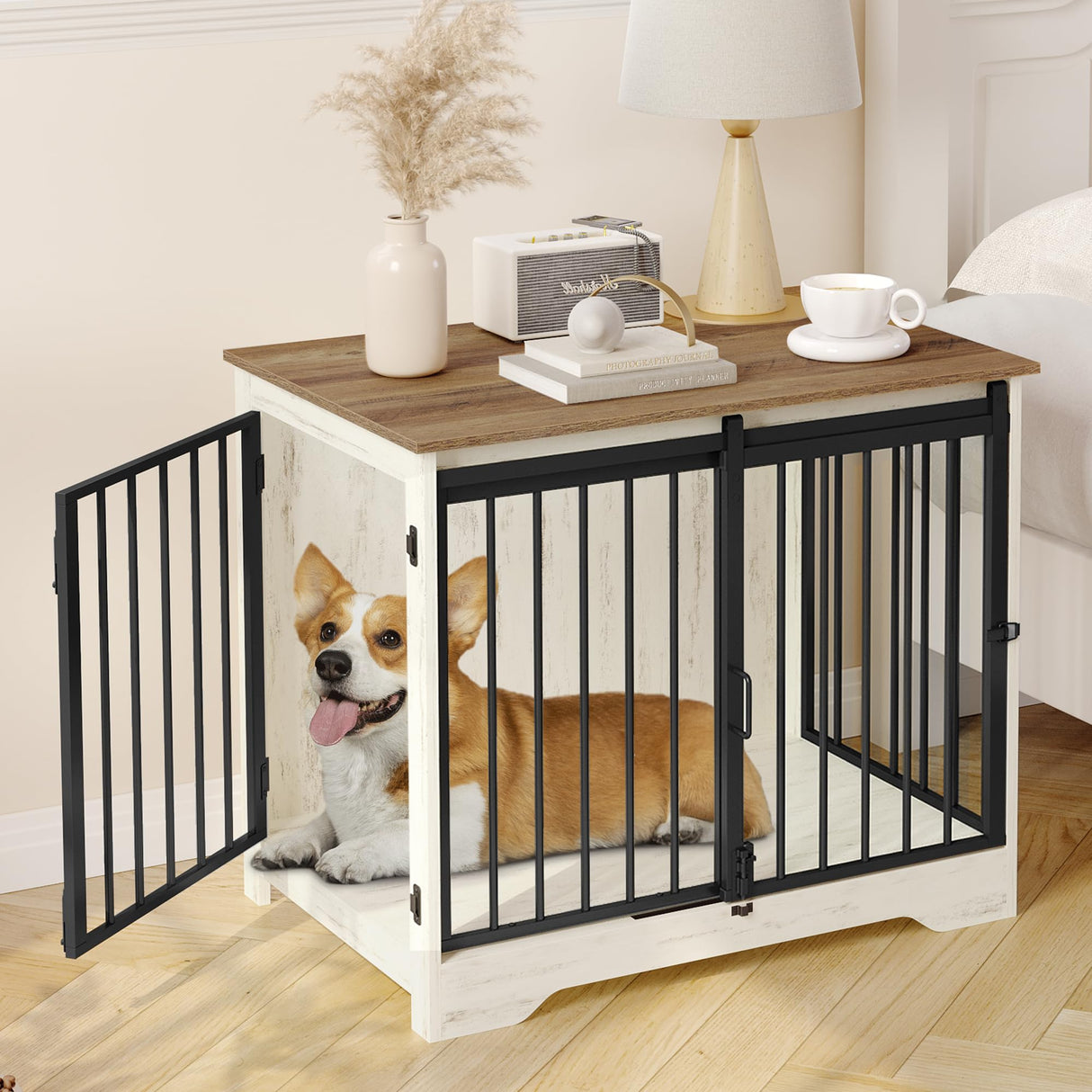 Hzuaneri Dog Crate Furniture, 32" Double Door Dog Crate with Barn Door, Dog Kennel Indoor, End Side Table Wooden Dog Crate for Small Medium Large Dog, Anti-Chew Anti-Escape, White Brown Hzuaneri