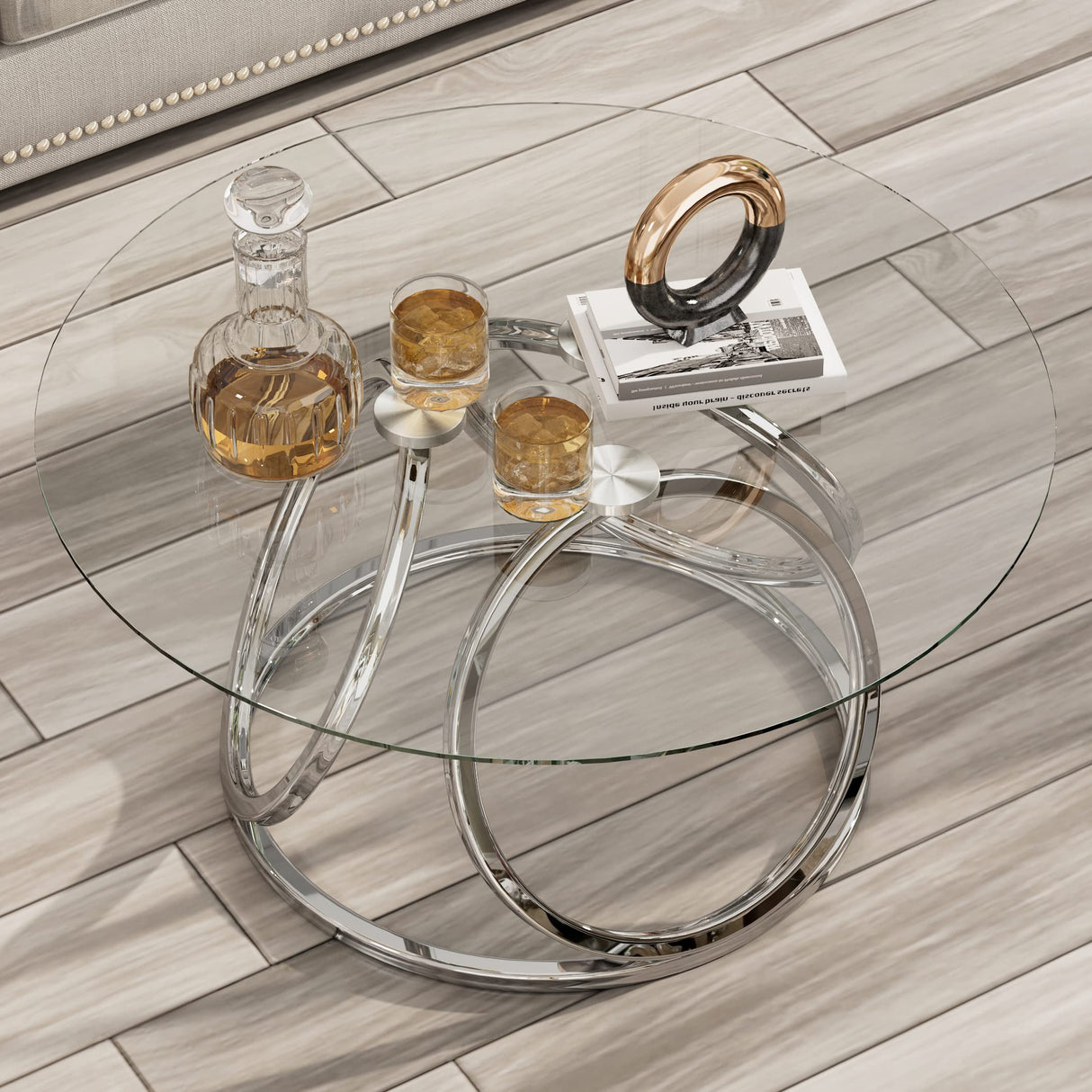 O&K FURNITURE Silver Coffee Table, Modern Glass Coffee Table Living Room Table with Ring-Shaped Frames, Glass Coffee Table for Home&Office, Chrome Finish, 1 PC O&K FURNITURE