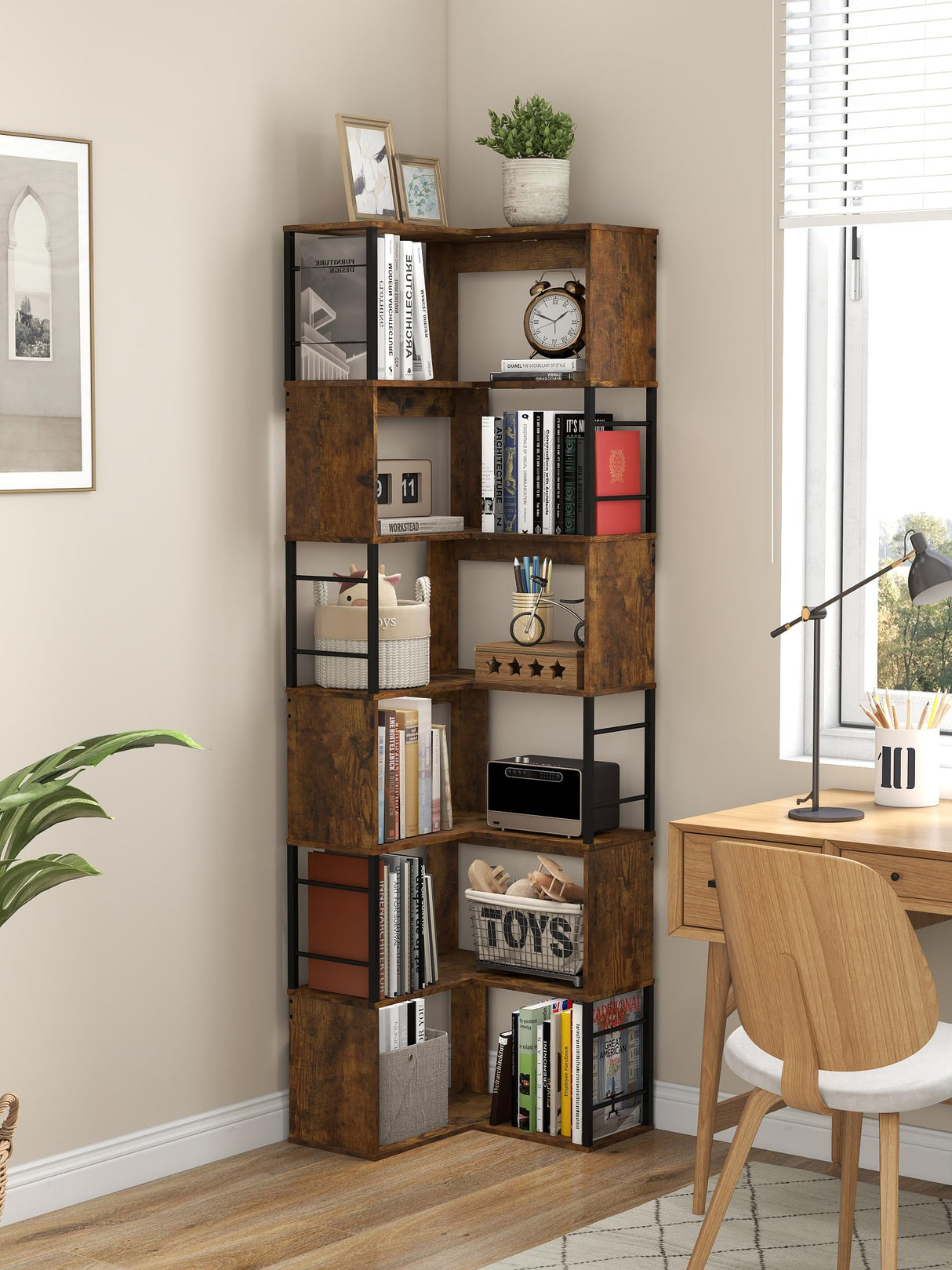 7 Tier Corner Bookshelf 74 Inches Tall Corner Bookcase Industrial L Shaped Book Shelf with Metal Frame Display Rack Storage Organize for Home Office,Living Room,Bed Room (Brown) Suuiwau