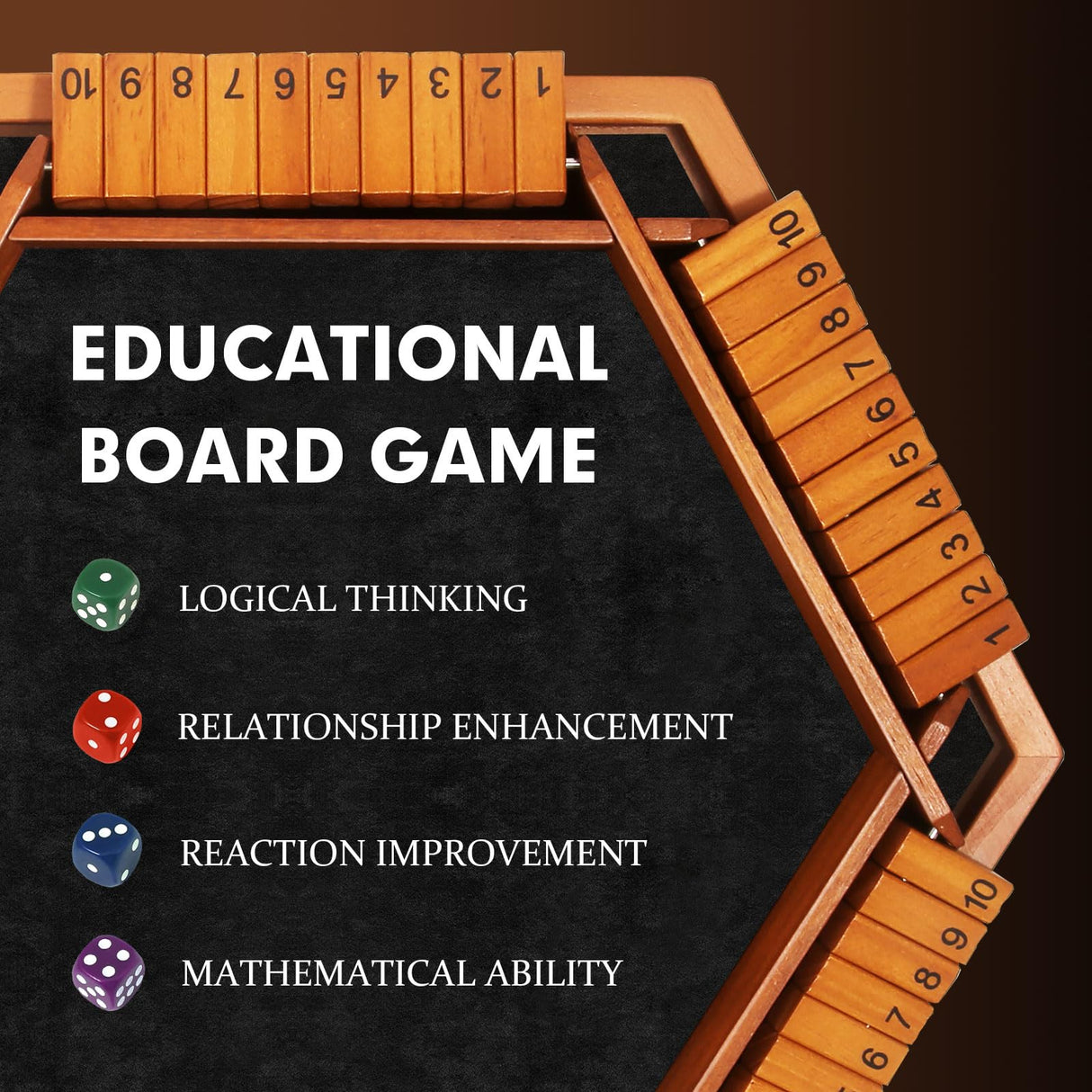 TooyBing Upgraded 1-6 Players Shut The Box Dice Game, Wooden Board Table Family Game for Kids and Adults with 16 Dice, Classic Tabletop Math Game for Pub Classroom Party, Gift for Christmas Birthday TooyBing