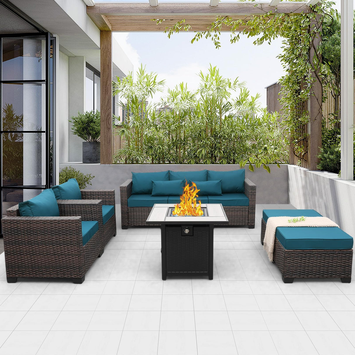 Valita 6 PCS Patio Furniture Set Outdoor Sectional Wicker Conversation Couch Brown Rattan Sofa Chairs with Ottoman 50,000BTU Adjustable Fire Pit Table and Peacock Blue Anti-Slip Cushions Valita