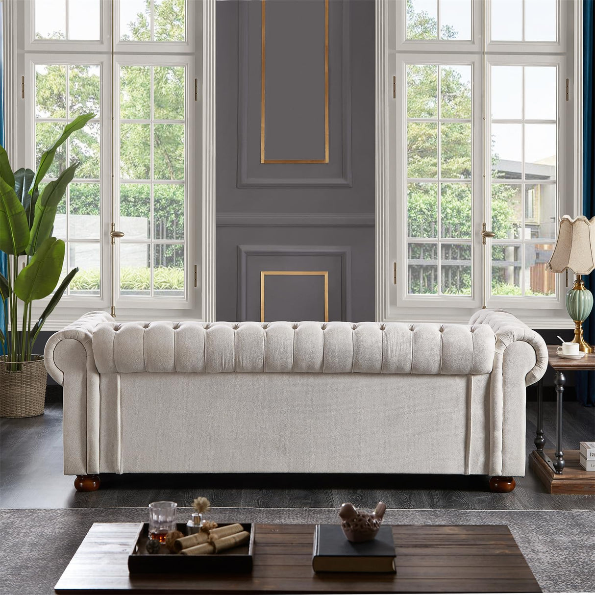 Harper & Bright Designs 3-Seat Chesterfield Sofa with Button Tufted, Nailhead Trim and Solid Wood Legs, Classical Linen Fabric Couch for Living Room, Office, Beige Harper & Bright Designs