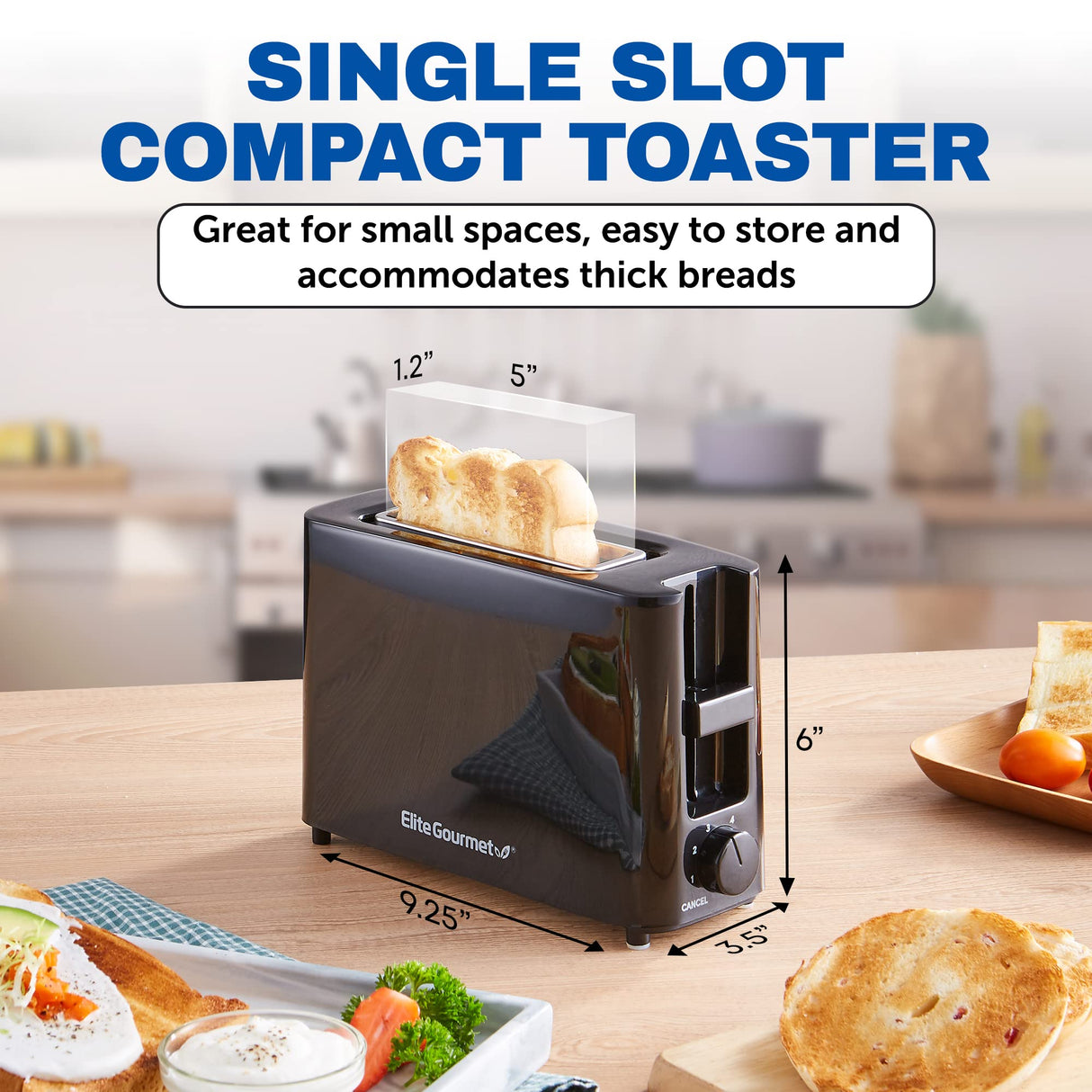 Elite Gourmet ECT118B Cool Touch Single Slice Toaster, 6 Toasting Levels & Wide Slot for Bagels, Waffles, Specialty Breads, Pastry, Snacks, Black Elite Gourmet