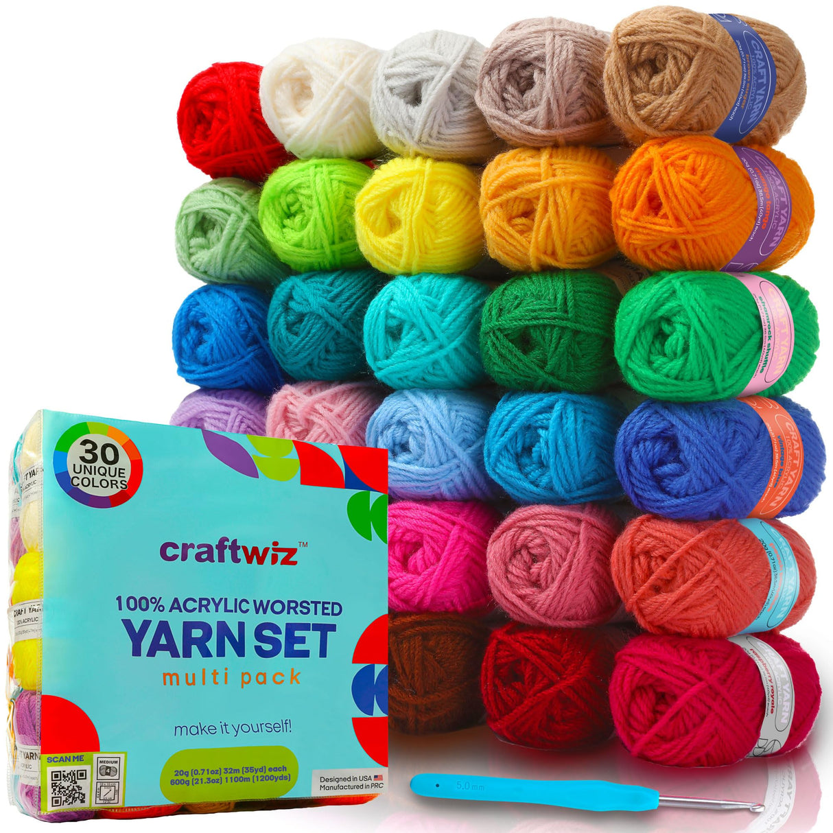 CRAFTWIZ 100% Acrylic Yarn for Crocheting and Knitting - 30x20g Skeins of #4 Worsted Weight, 1200 Yards of Soft Yarn, Perfect for Amigurumi and Other Small Crafts Projects Craftwiz