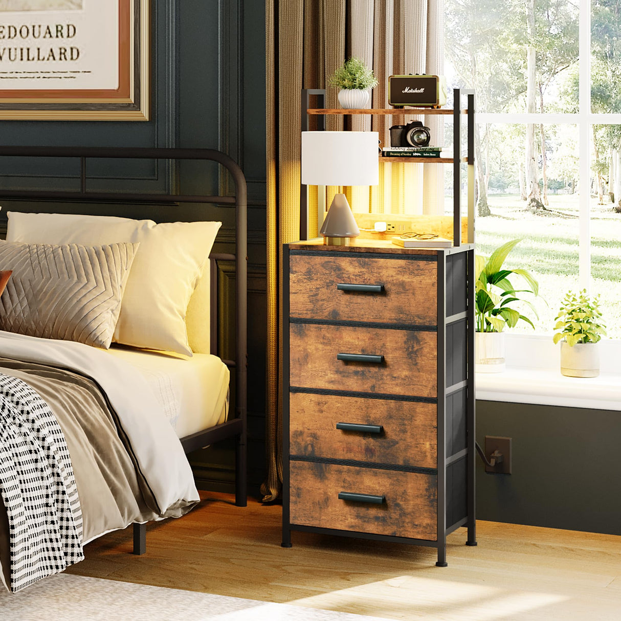 Nightstand 4 Drawer Dresser with LED Lights, Charging Station, Vertical Side Table with Fabric Drawers, End Table with 3 Open Shelves, Tall Dresser for Bedroom, Hallway, Entryway, Rustic Brown EKNKOZY
