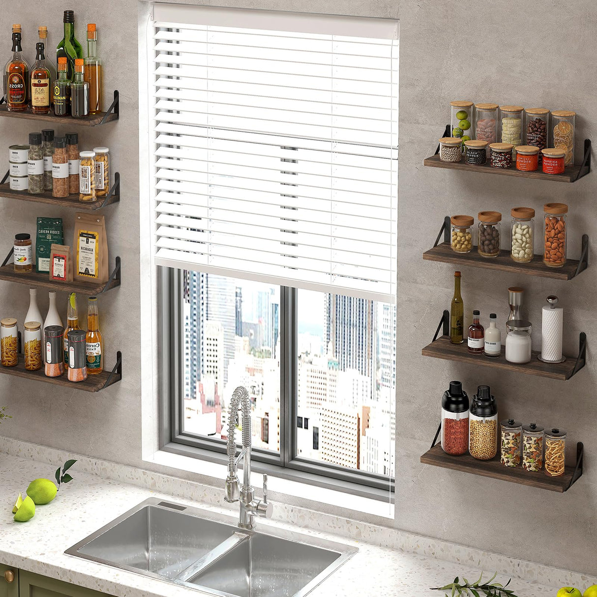 Fixwal Floating Shelves, Width 4.7in Rustic Wood Wall Shelves Set of 8, Wall Storage Shelves for Bedroom, Living Room, Kitchen, Bathroom, Office and Plants (Dark Carbonized Black) Fixwal