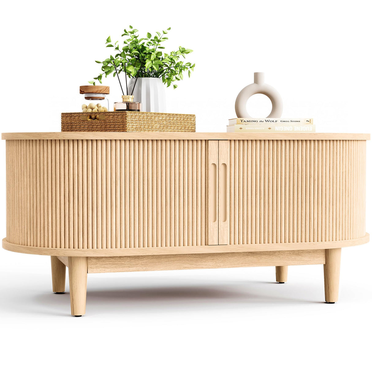 LINSY HOME Oval Coffee Table, Wood Coffee Table with Storage, Fluted Accent Center Table with Sliding Tambour Door, 39" Boho Coffee Tables for Living Room, Bedroom, Apartment, Oak