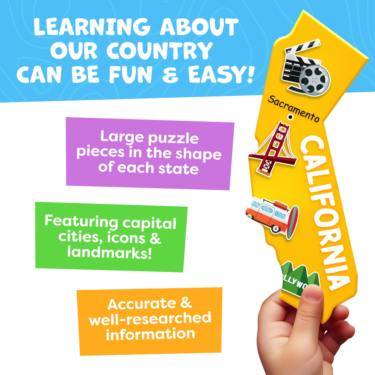 United States Puzzles for Kids Ages 4-6 - Educational Toys for Boys & Girls - 70Pcs USA Map Kids Puzzle with 50 States & Capitals - Christmas Gifts for Kids - Floor Jigsaw Puzzles Momo & Nashi