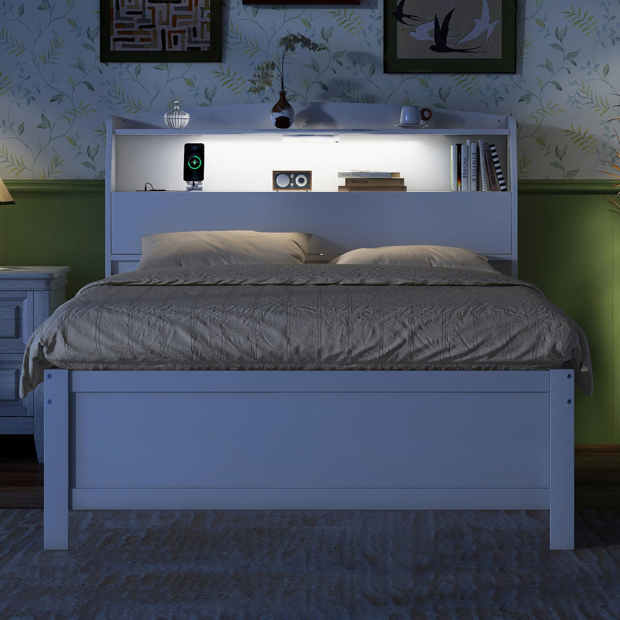 Merax Full Size LED Platform Bed with USB Outlets, Modern Wooden Bed Frame with Trundle, Storage Headboard and Drawers, No Box Spring Needed, White Merax