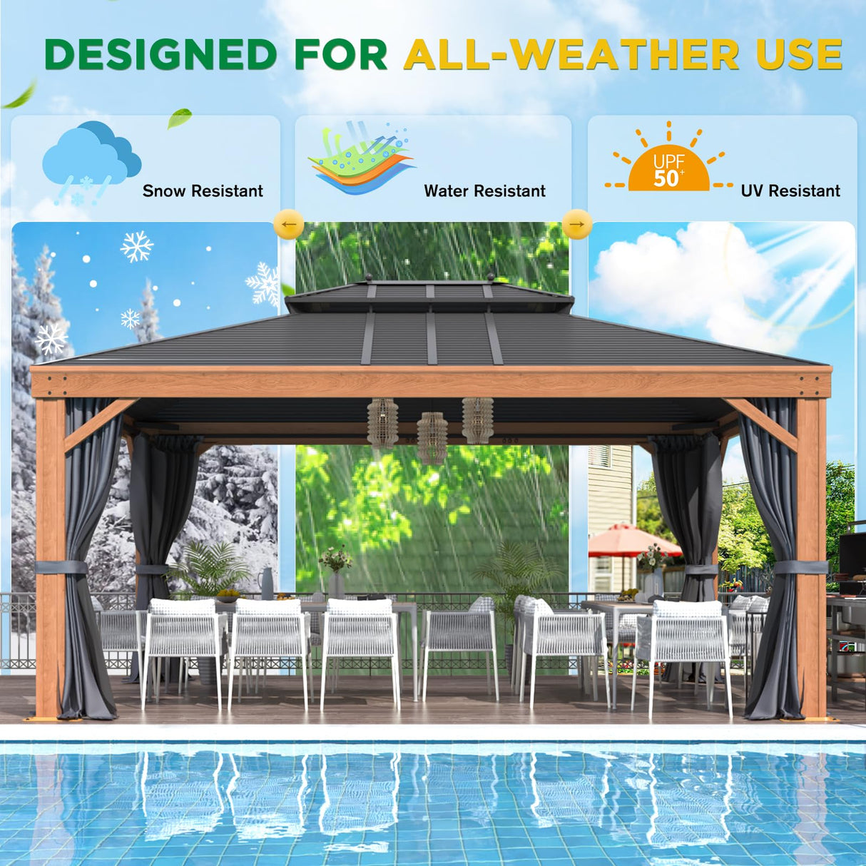 EROMMY 12' x 16' Hardtop Gazebo Outdoor Aluminum Wood Grain Gazebos with Galvanized Steel Roof and Mosquito Net for Patios, Deck, Backyard, Curtains&Netting EROMMY