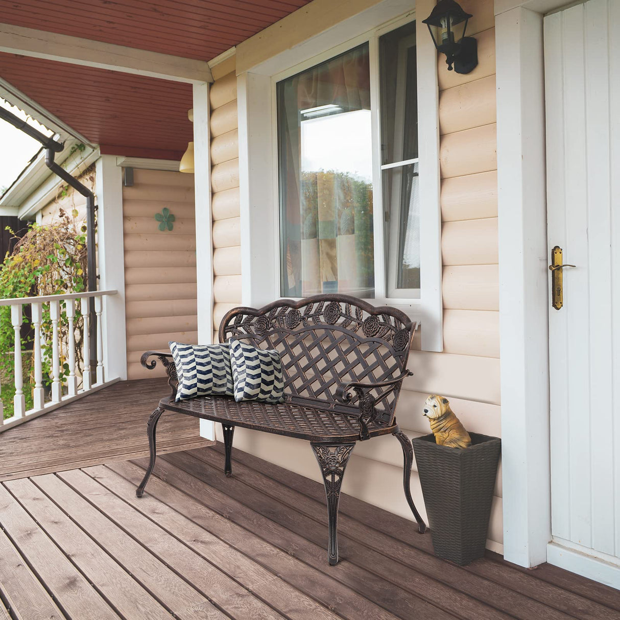 VINGLI 42.5" Patio Garden Bench Outdoor Metal Rose Loveseat, Cast Iron Cast Aluminium Frame Antique Finish Park Chair, Accommodates 2-3 People VINGLI