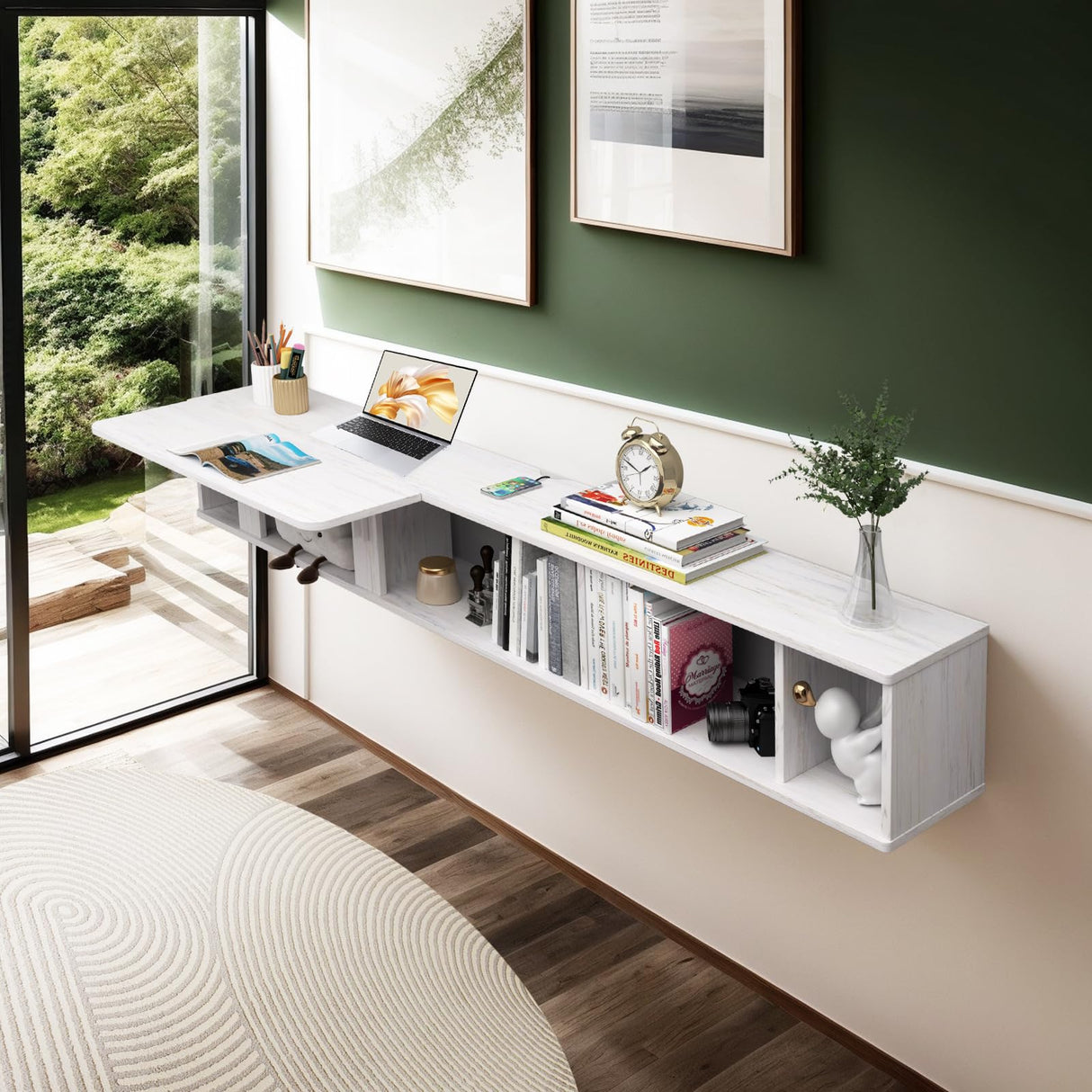 Pmnianhua 63'' Floating Desk with Storage Shelves,Wall Mounted Desk Laptop Computer Writing Study Table for Bedroom Small Space(White) Pmnianhua