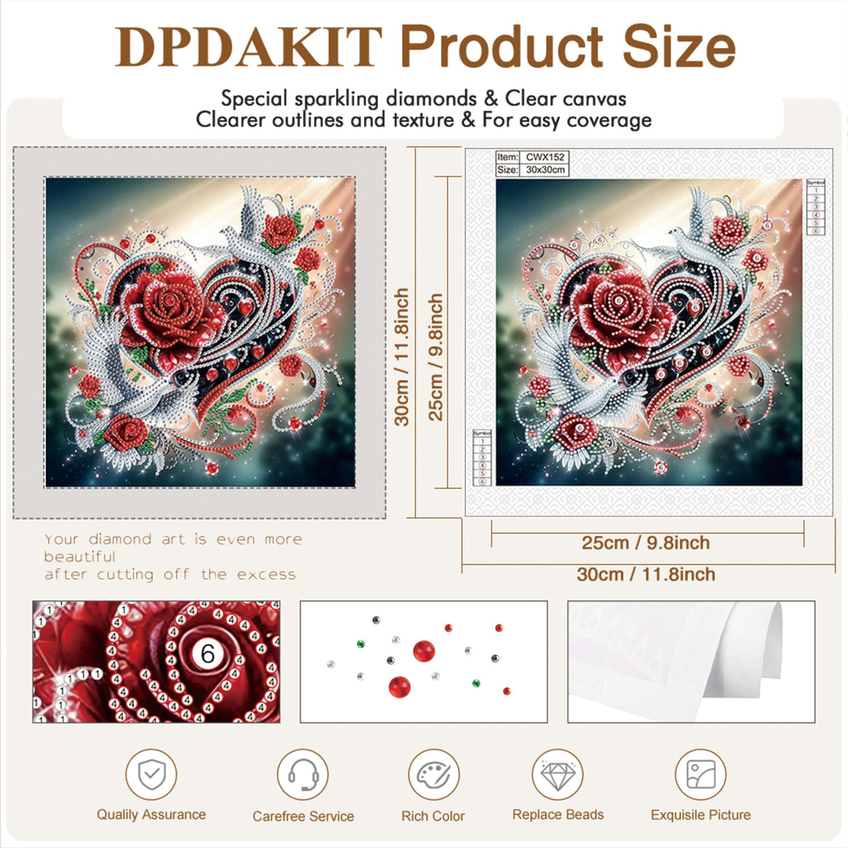 DPDAKIT Rose Diamond Painting Kits, Love 5D Special Shape Diamond Art Kits for Adults, Crystal Rhinestones Art Craft for Beginners DIY Home Wall Decor Gift, 12 × 12 Inches DPDAKIT