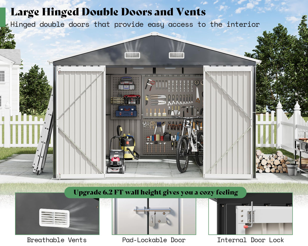 AMERLIFE 10x12x7 FT Galvanized Steel Storage Shed with 2 4-Pane Windows Hinged Double Doors, Outdoor Shed for Backyard, Garden, Patio, Dark Grey/White AMERLIFE