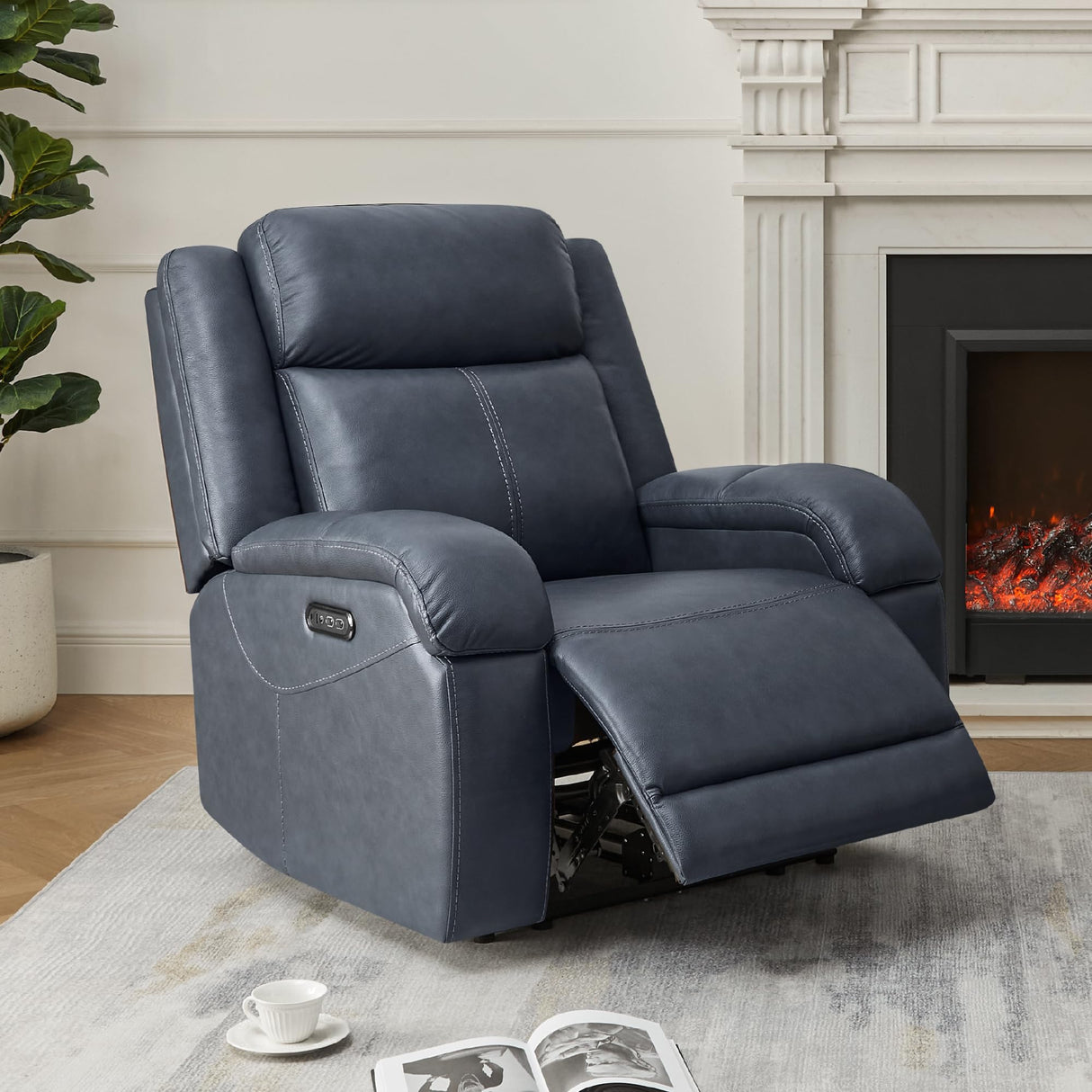 Watson & Whitely Genuine Leather Power Recliner Chairs for Adults, Wall Hugger RV Recliner with Power Headrest & Charging Ports, Electric Recliner Sofa Chair for Living Room, Navy Watson & Whitely