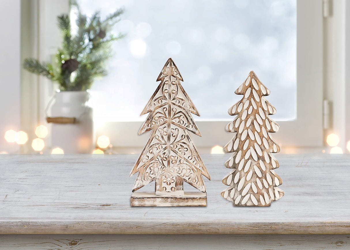 DEMDACO Christmas Tree Whitewashed Mango Wood Christmas Figurine Set of 2 DEMDACO
