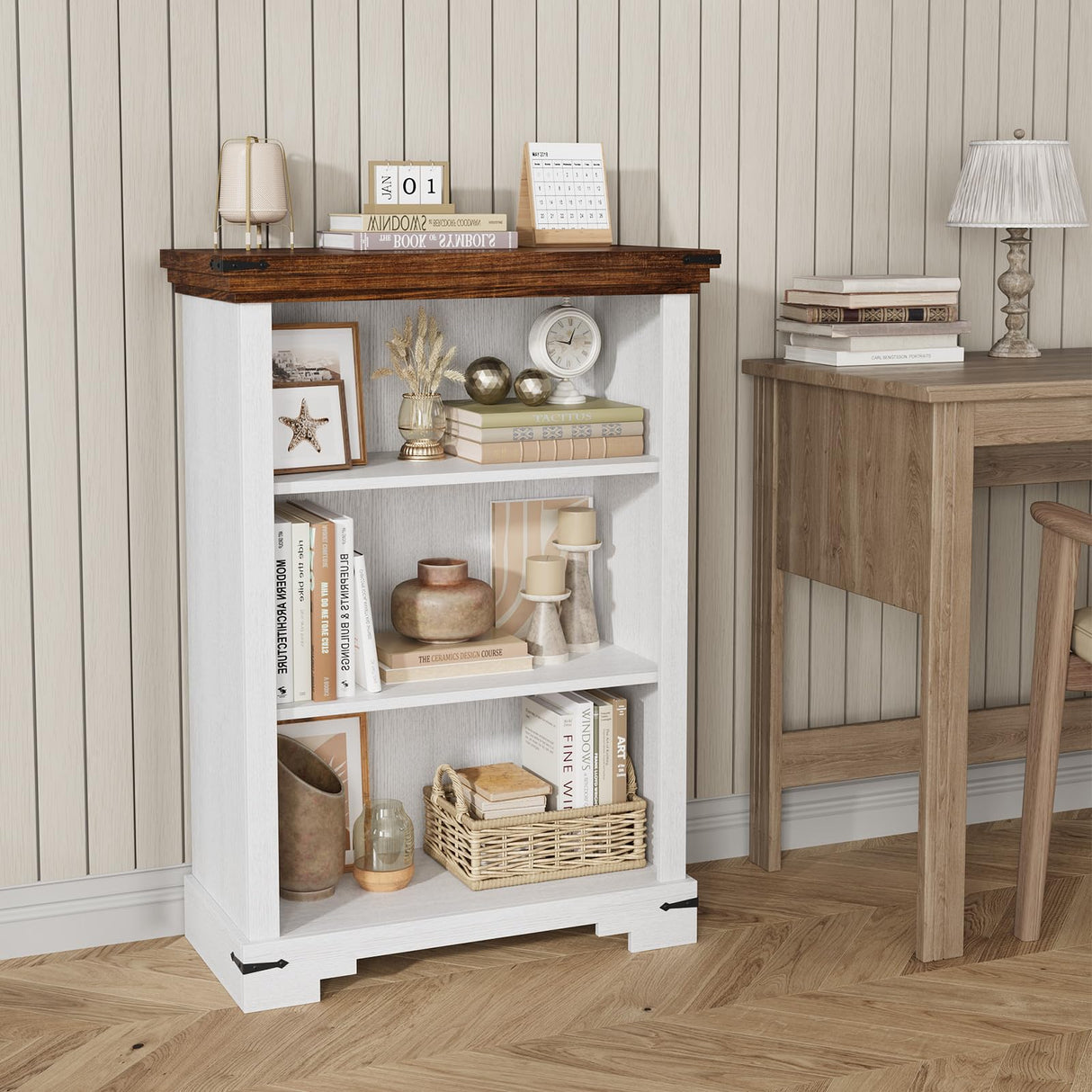 HOTLUU 3-Tier Farmhouse Bookshelf, Book Shelf with Open Storage & One Adjustable Shelf, 9.8" D x 26" W x 38" H, Wooden Bookshelf for Study Room, Living Room, Kitchen, Bedroom (White) HOTLUU