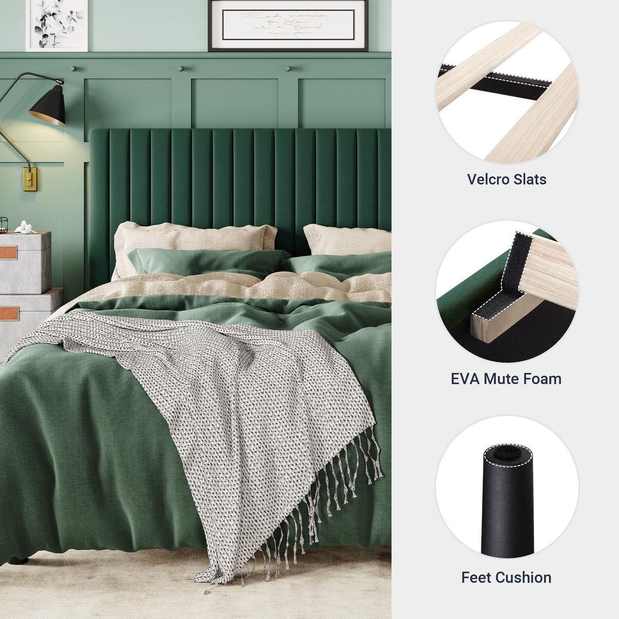 Allewie Full Bed Frame, Velvet Upholstered Platform Bed with Adjustable Vertical Channel Tufted Headboard, Mattress Foundation with Strong Wooden Slats, Box Spring Optional, Easy Assembly, Green Allewie